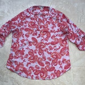 Chaus Pink Paisley Blouse Women’s Large Roll Tab Sleeve Lightweight Top